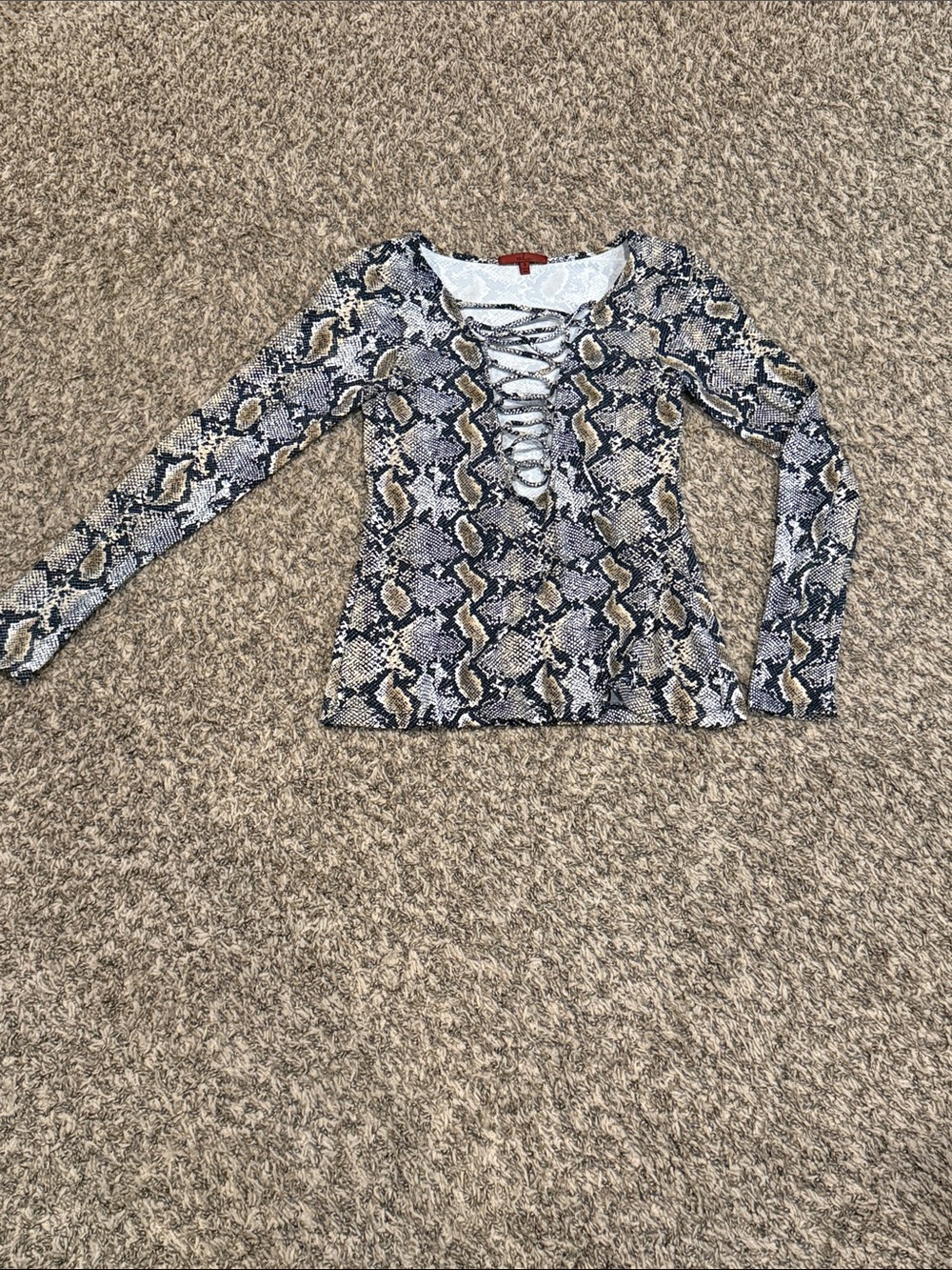 Lace-Up Snake Print Long Sleeve Top - Black/Brown